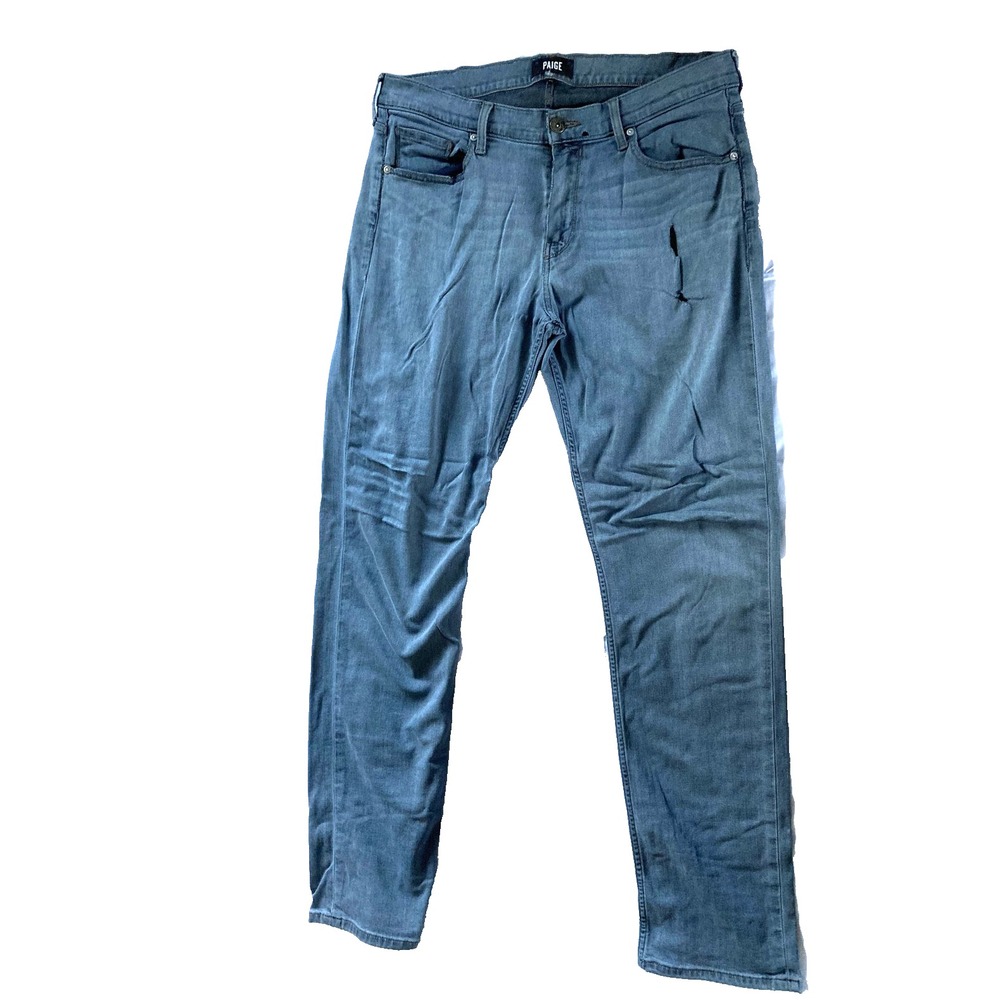 Paige Jeans Mens 34 Blue Gray Stretch Denim Slim Fit Distressed Tears Casual